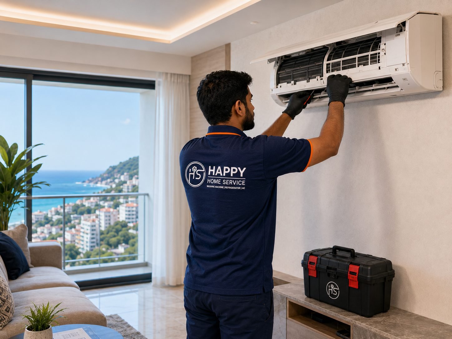 Happy Home Service technician repairing a wall-mounted air conditioning unit at a customer's home in Srikakulam