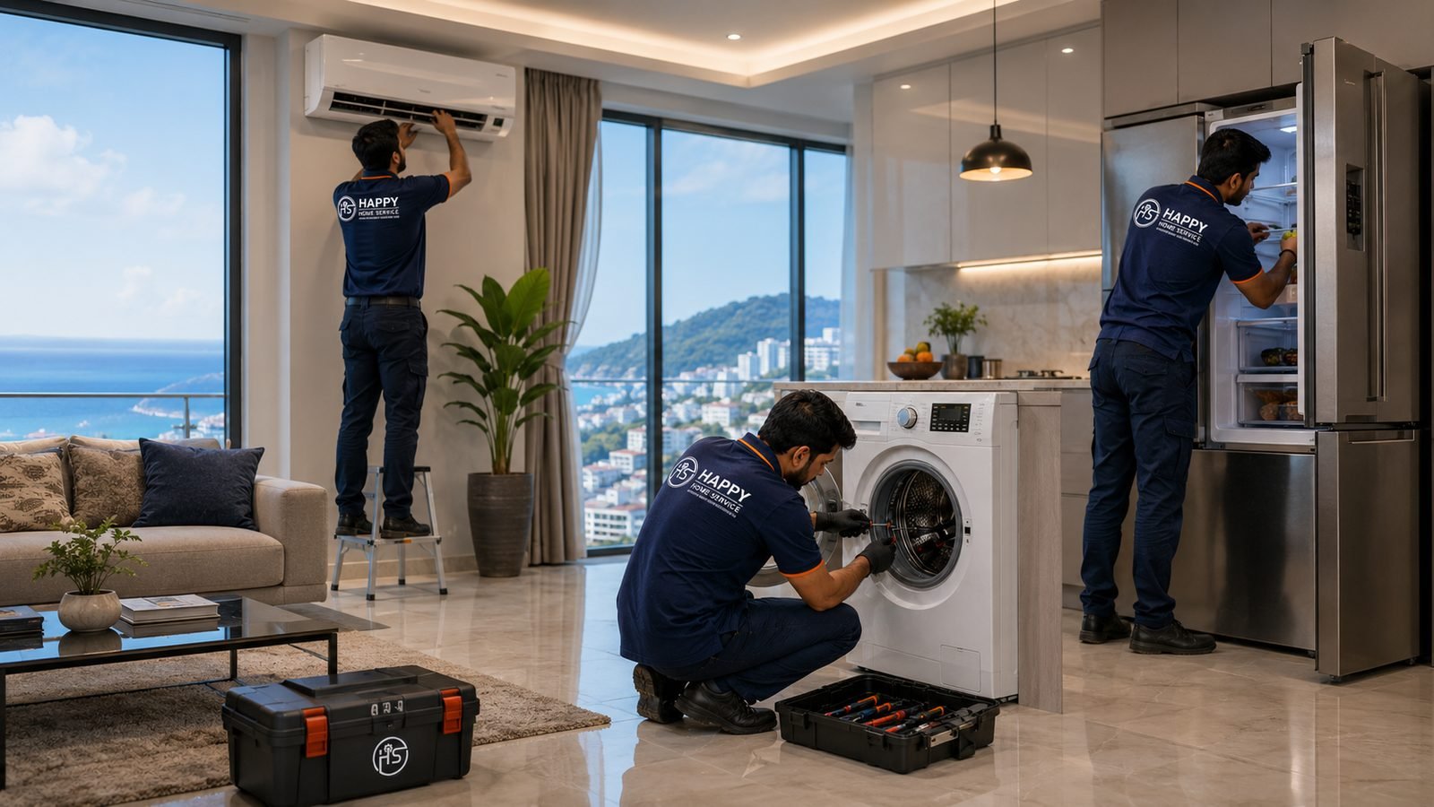 Happy Home Service technicians servicing a washing machine, air conditioner and refrigerator at a customer's home